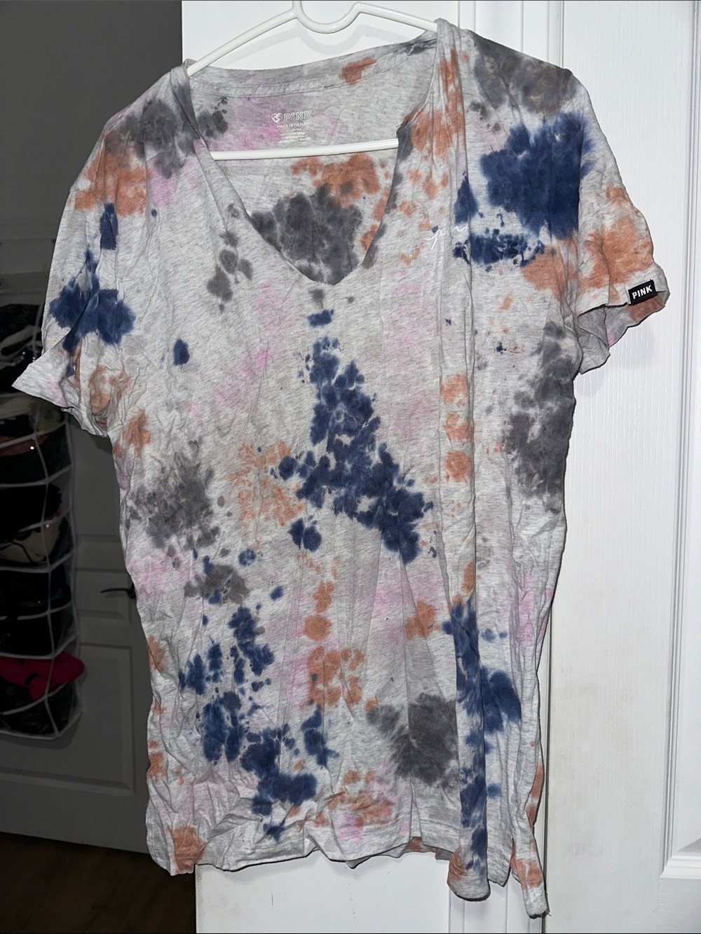 PINK Victoria's Secret Tie-Dye V-Neck Tee in Blue, Gray & Orange